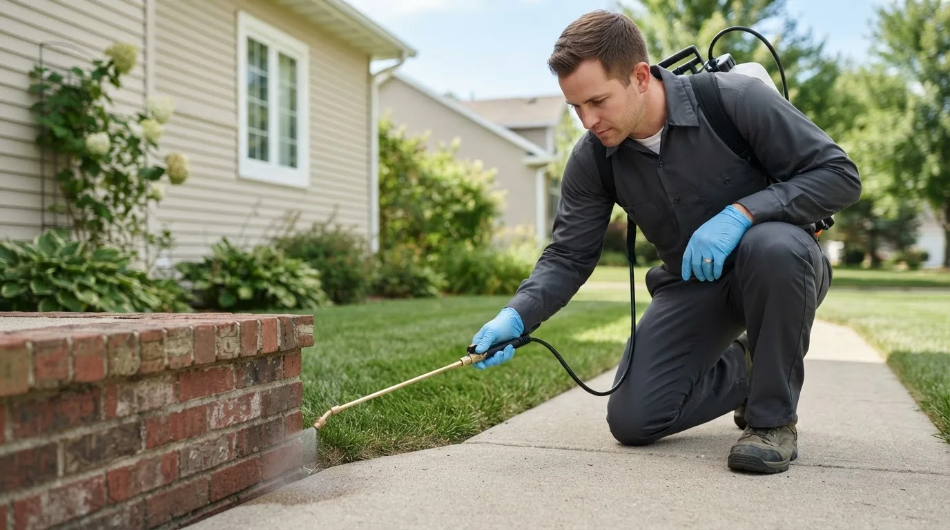 Pest control technician treating a home near Blairsville, PA